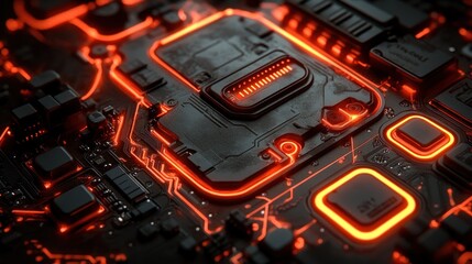 Fototapeta premium Close-up of a futuristic circuit board with glowing orange lines.
