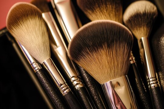 High-quality image of multiple makeup brushes in close-up view, ideal for use in beauty, cosmetics, or product advertising - Powered by Adobe