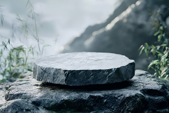 A small stone pedestal resting on a rock platform, set in a natural environment with soft daily light, perfect for minimalist product displays.
