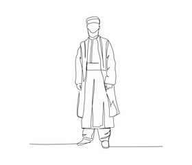 Arab man in national dress one line art. Continuous line drawing of online Muslims, Islam, traditions, clothing, folk, oriental.