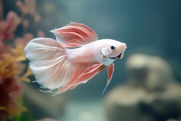 Obraz premium A delicate Betta fish swims gracefully in a serene aquarium environment, displaying its elegant fins and vivid coloration.