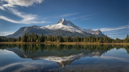 Serene mountain reflection over calm lake
