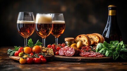 Naklejka premium A minimalistic arrangement of craft beer served in elegant tulip glasses with a small charcuterie plate beside them
