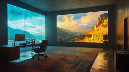 A home office with a scenic background projected on 