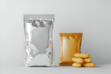 A snack food pack mockup with plastic bag and foil pouch set, perfect for bulk food or candy branding.