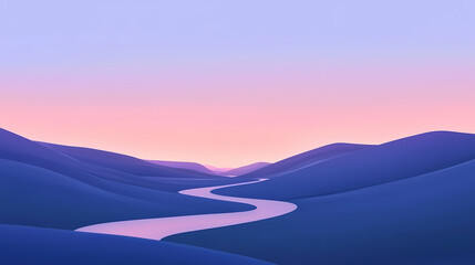 Background featuring a serene valley at twilight with a winding river and soft pastel hues in the sky. Thunder Valley. Illustration