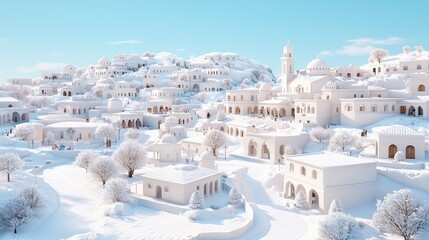 Fototapeta premium Snow-covered Mediterranean village with white dome buildings and frosted trees under a clear blue winter sky.