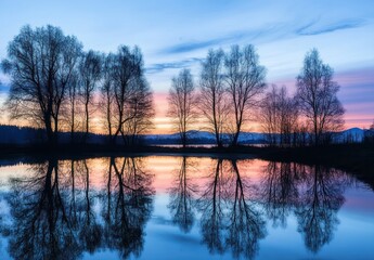 A Serene Sunset Reflecting on Calm Water with Silhouetted Trees and Distant Mountains