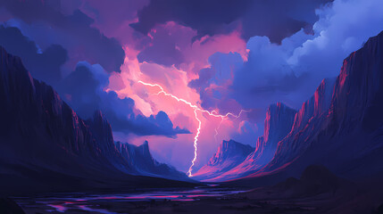 Dramatic lightning storm over mountain valley. Thunder Valley. Illustration