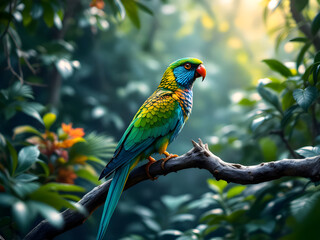 Naklejka premium A Buetiffull parrot in Amazon forest AI Generated image 