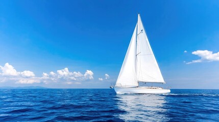 Obraz premium Sailboat sailing on a sunny ocean with clouds. Ideal for travel brochures