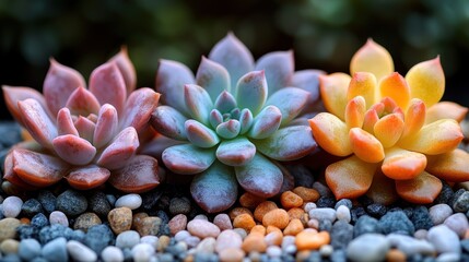 Obraz premium Three vibrant succulents in red, blue, and yellow hues, nestled amongst small stones.