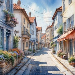 Obraz premium Charming cobblestone street adorned with flowers in a quaint village during a bright sunny day. Generative AI