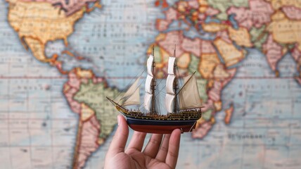 A hand holds a miniature sailing ship against a colorful world map, symbolizing exploration and adventure across oceans.
