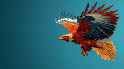 Obraz premium Majestic eagle soaring with spread wings against turquoise sky, showcasing detailed feathers and powerful flight pose