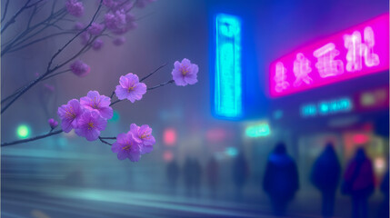 Obraz premium Cherry blossoms bloom near neon lights in a bustling city during evening fog