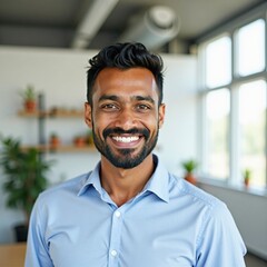 Obraz premium Smiling businessman in a modern office. Positive and confident, he represents success and professionalism.