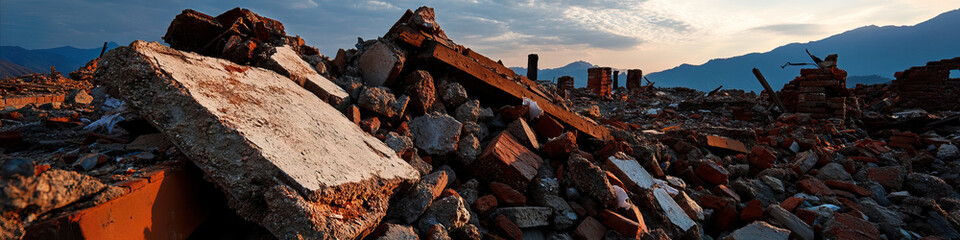 Fototapeta premium Rubble Pile of Brick, Concrete, and Wood Debris Following Structural Destruction