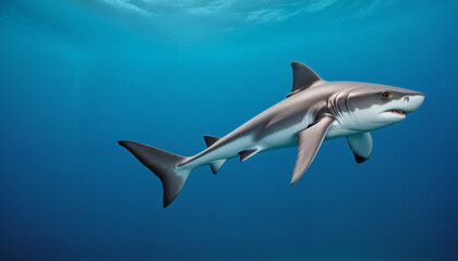 Obraz premium Close-up of a shark swimming gracefully in vibrant blue waters, showcasing natural beauty