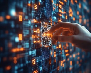 Hand interacting with digital QR code.