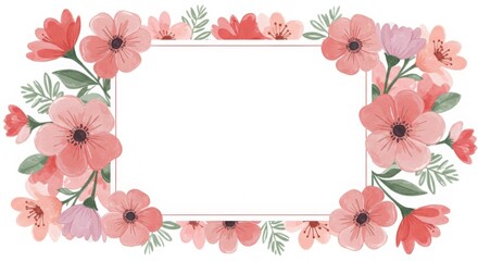 Floral Frame with Pink Flowers and Green Leaves Watercolor Illustration