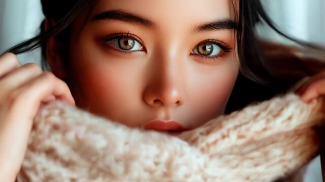 Woman's face wrapped in a knitted scarf, close-up.