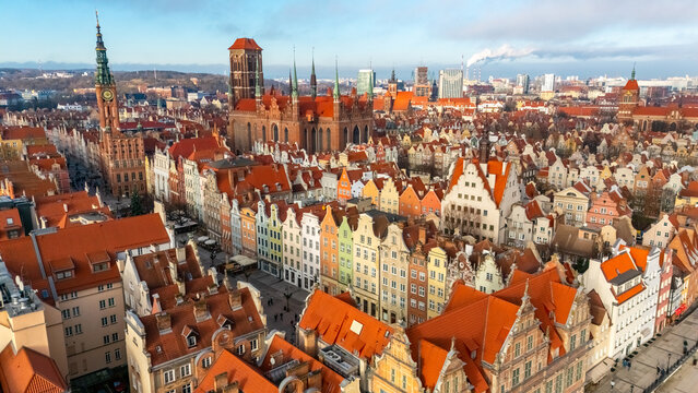 aerial view of gdansk historical center on a sunny day in winter