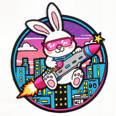 Cartoon rabbit launching rocket in urban cityscape