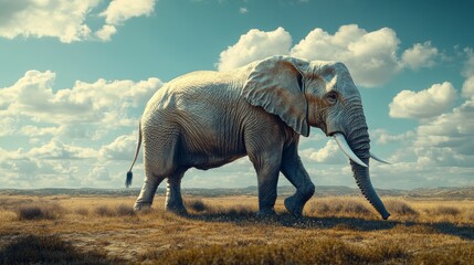 Fototapeta premium A large elephant is walking across a dry, grassy plain