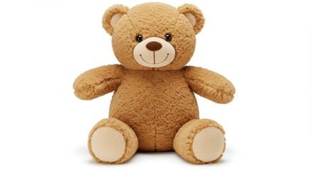 A plush teddy bear with a light brown fur on white background the teddy bear is sitting upright has a round head with two small black eyes and a brown nose