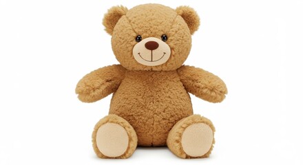 Obraz premium A plush teddy bear with a light brown fur on white background the teddy bear is sitting upright has a round head with two small black eyes and a brown nose wearing a white t-shirt