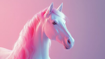 A white horse with pink hair is standing in front of a pink background