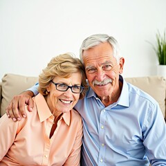 Happy senior couple embracing on a couch, smiling warmly at the camera.  A portrait of love and companionship in later life.