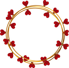 This image showcases a decorative circular frame made of intertwined golden rings adorned with small, glossy red hearts, creating an elegant and romantic design. The symmetrical arrangement makes it i