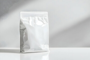A white plastic ziplock food bag mockup on a clean white surface, with space for custom branding or logo designs.