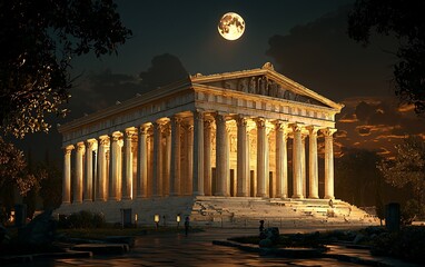 Obraz premium Illuminated ancient Greek temple at night under a full moon.