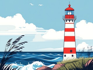 Coastal Lighthouse Scene with Ocean Waves and Sky