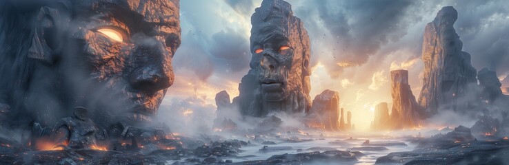 A breathtaking view of ancient rock formations at sunset, illuminated by warm hues.