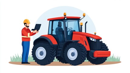 Naklejka premium Farmer Using Tablet for Smart Farming with Red Tractor in Agriculture Field Illustration