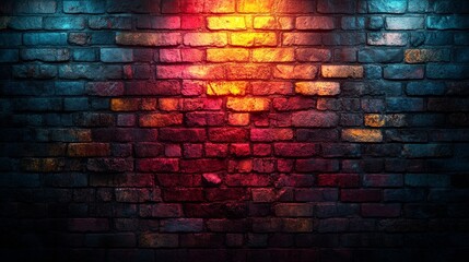 A brick wall with a red and blue light shining on it