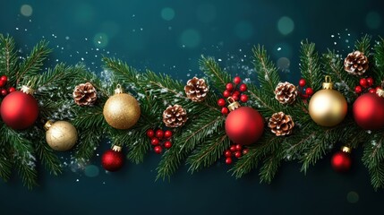 Naklejka premium Festive Greenery with Ornaments, Berries, and Pine Cones for Holidays