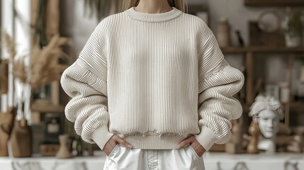 A woman wearing a cozy cream sweater stands confidently in a stylish, minimalistic living room filled with decorative elements