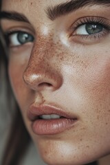Fototapeta premium A detailed view of a woman's face featuring freckles, suitable for beauty or lifestyle uses