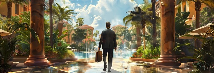 A businessman walks through a luxurious resort, surrounded by palm trees and sunshine.