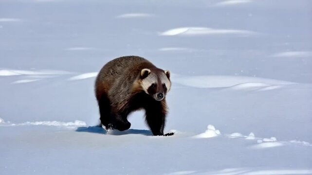 Wolverin Tracks the Snowy Landscape in Winter as It Searches for Food in a Remote Wilderness Area