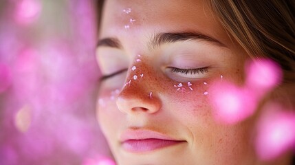 Serene Young Woman with Petals on Face and Soft Background