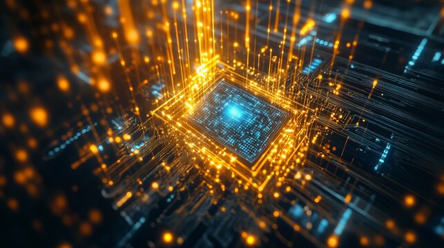 An advanced quantum computer with illuminated core components, modern lab setting with a focused beam of light, Futuristic style