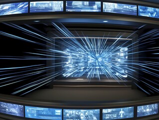 Futuristic control room with data streams and screens.