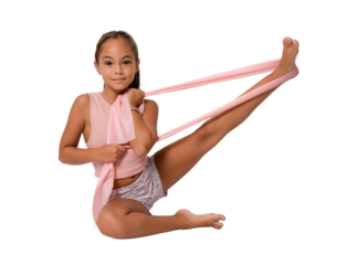 Child girl gymnast demonstrates flexibility twine sitting isolated over transparent background. PNG transparent.