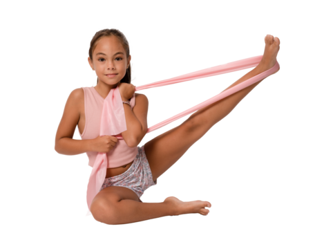 Child girl gymnast demonstrates flexibility twine sitting isolated over transparent background. PNG transparent.